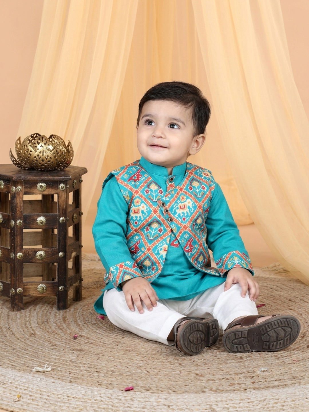 Green Boys Cotton Kurta, Pajama with Printed Jacket
