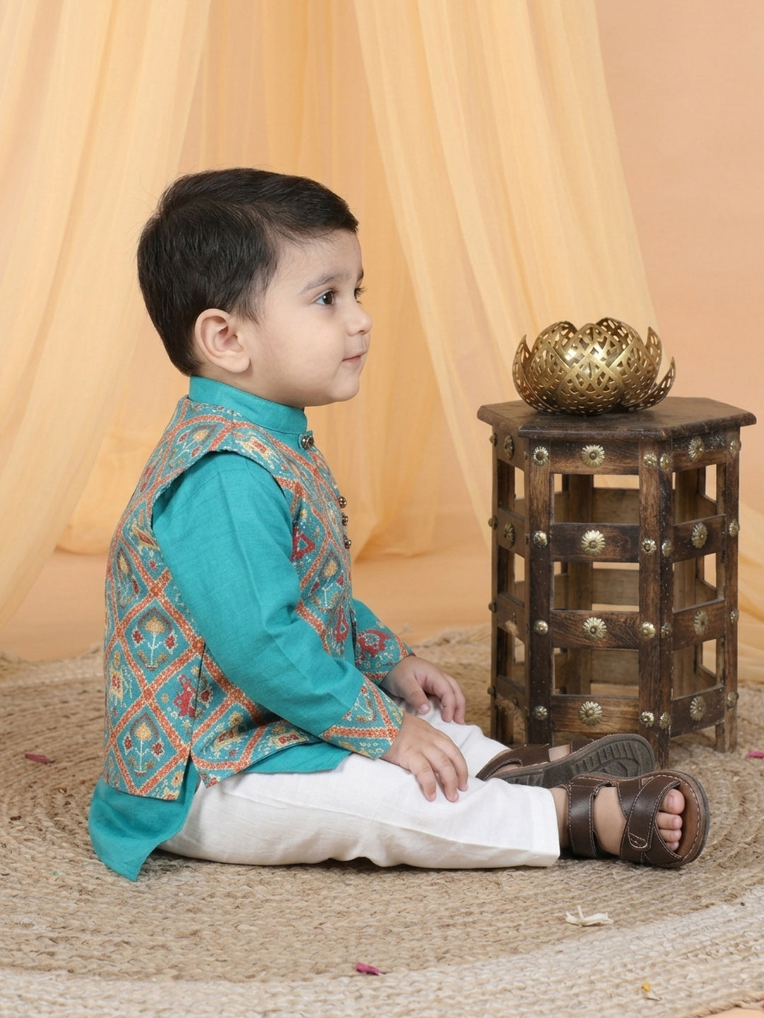 Green Boys Cotton Kurta, Pajama with Printed Jacket