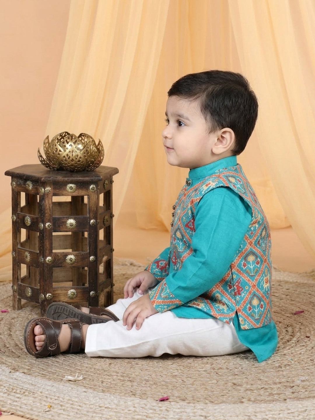 Green Boys Cotton Kurta, Pajama with Printed Jacket