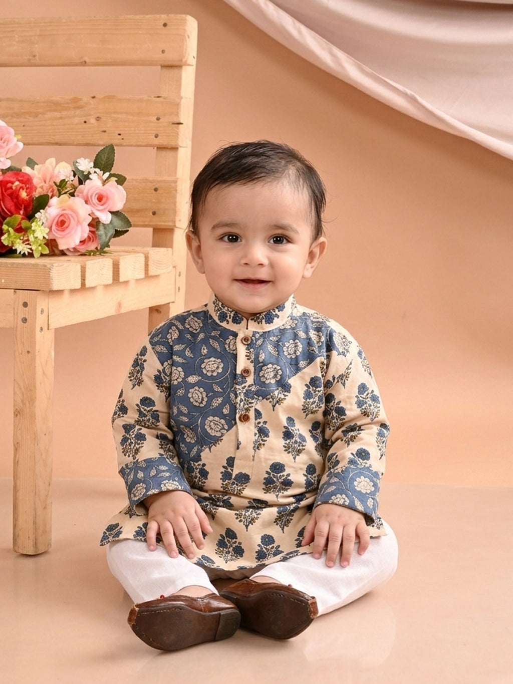 Blue Boys Printed Cotton Kurta Kurta with Pajama