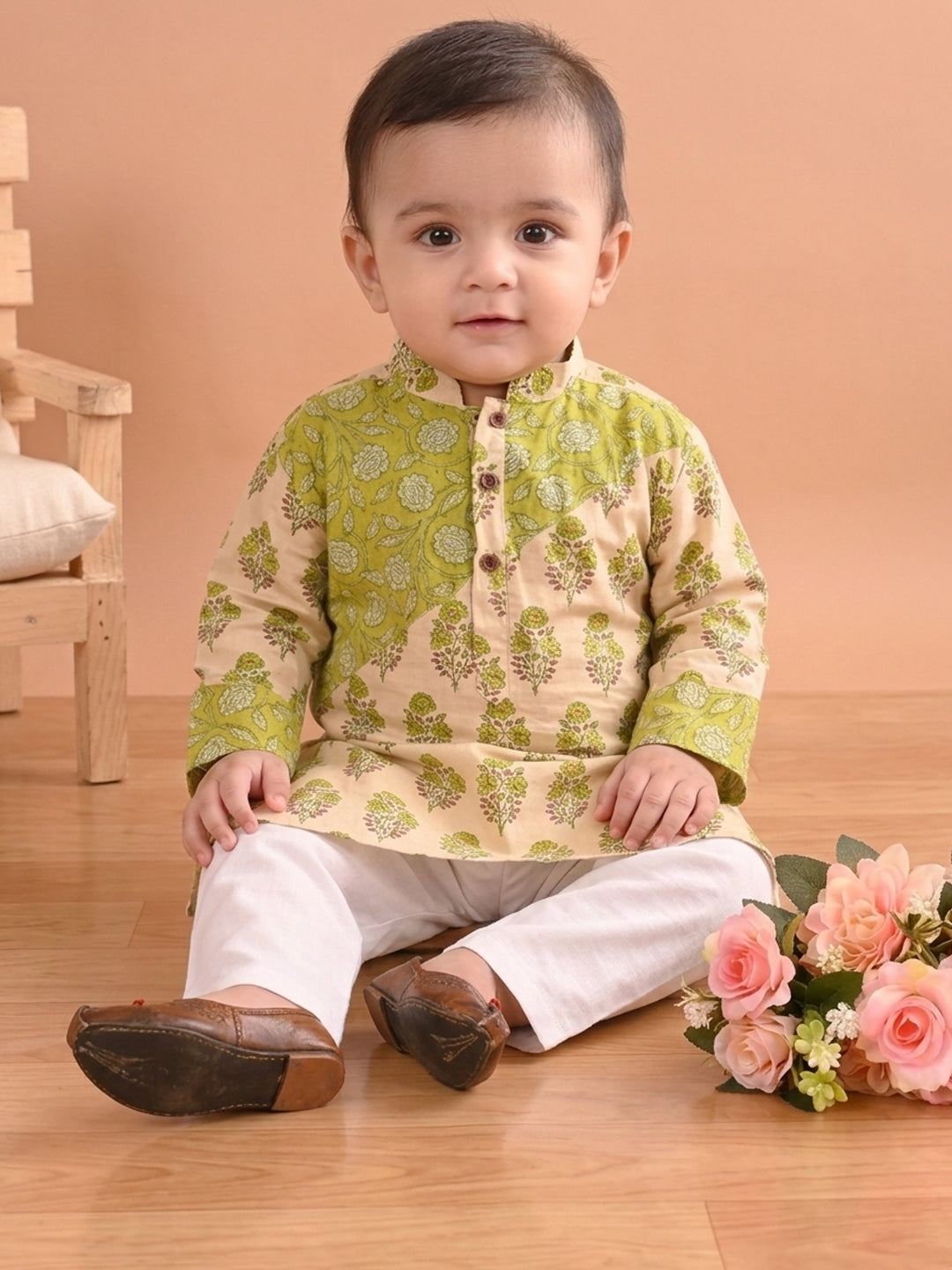 Green Boys Printed Cotton Kurta Kurta with Pajama