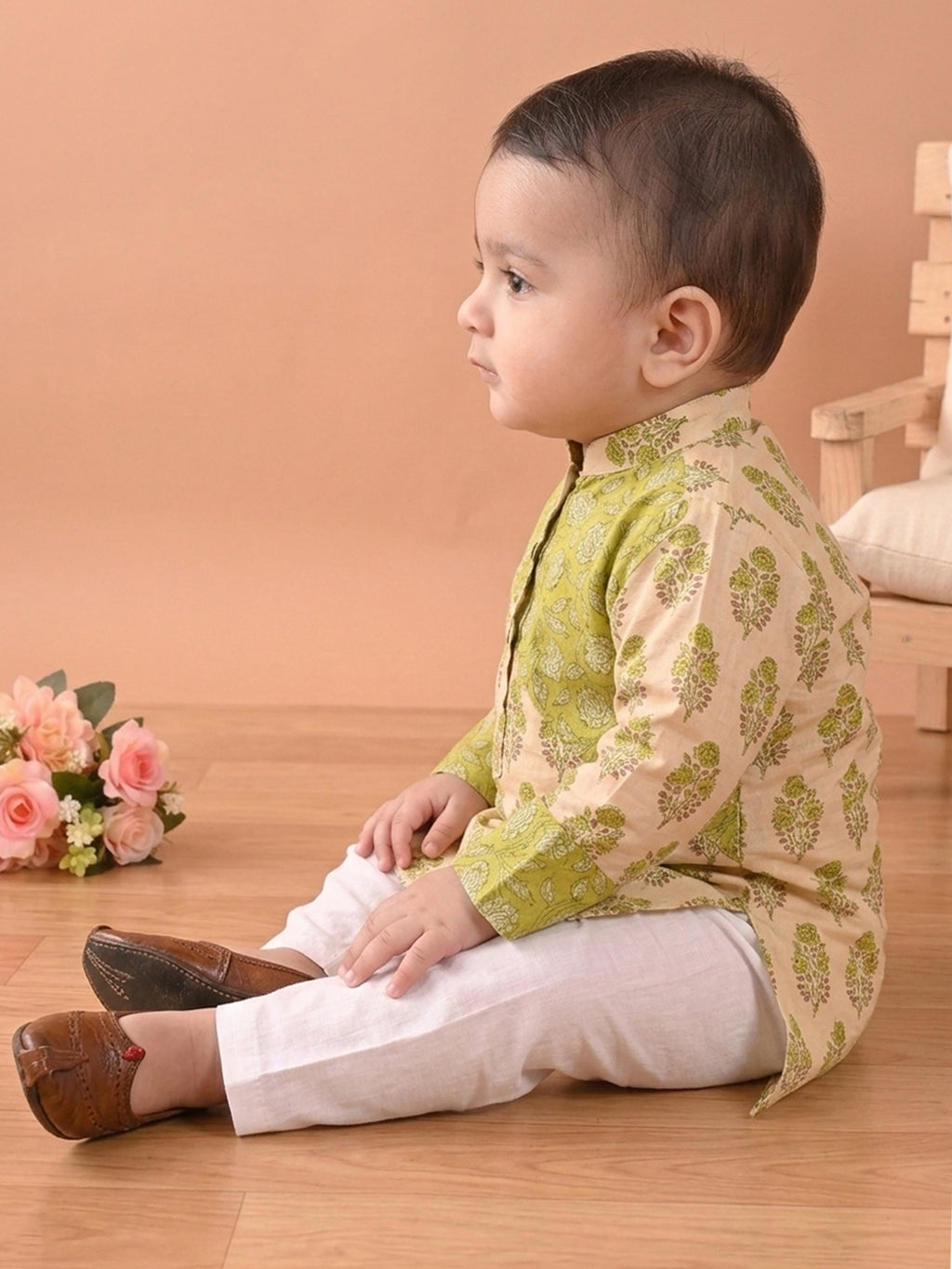 Green Boys Printed Cotton Kurta Kurta with Pajama