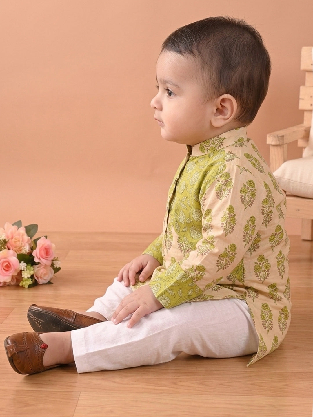 Green Boys Printed Cotton Kurta Kurta with Pajama