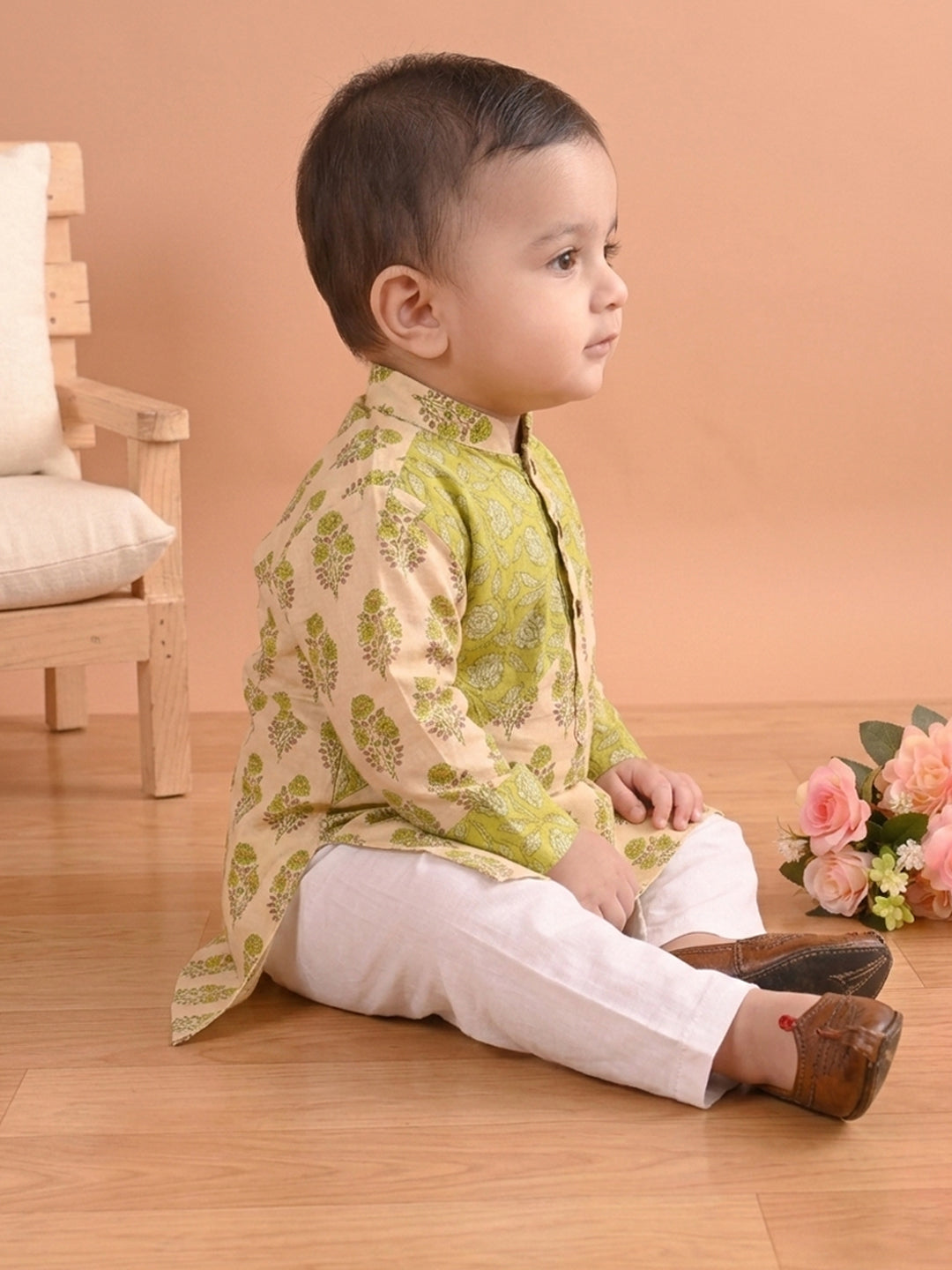 Green Boys Printed Cotton Kurta Kurta with Pajama