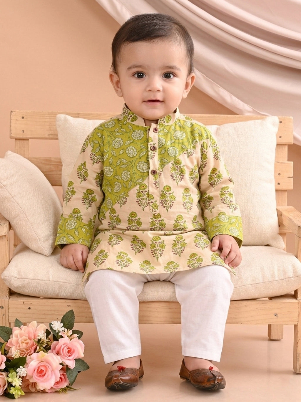 Green Boys Printed Cotton Kurta Kurta with Pajama