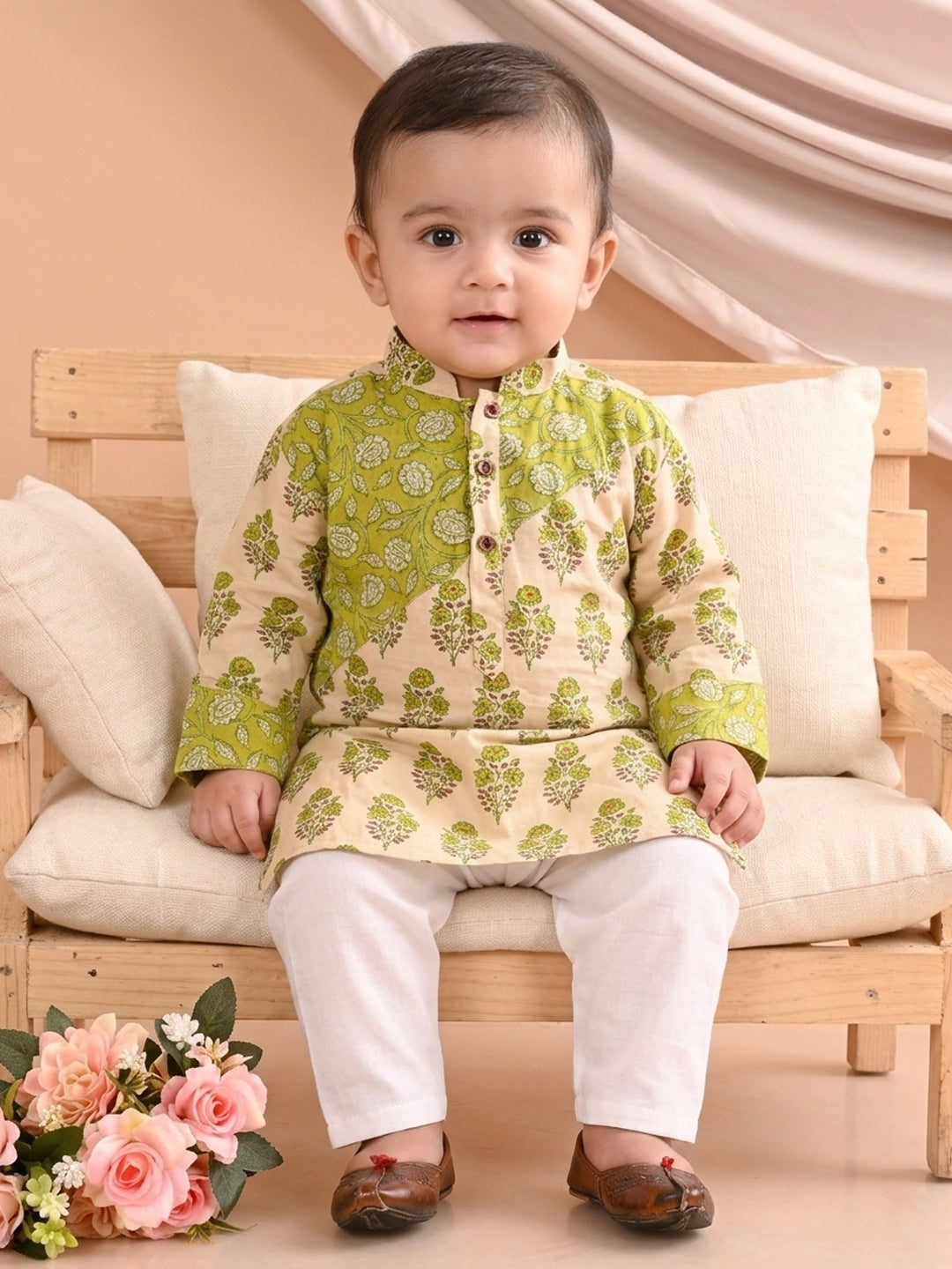 Green Boys Printed Cotton Kurta Kurta with Pajama