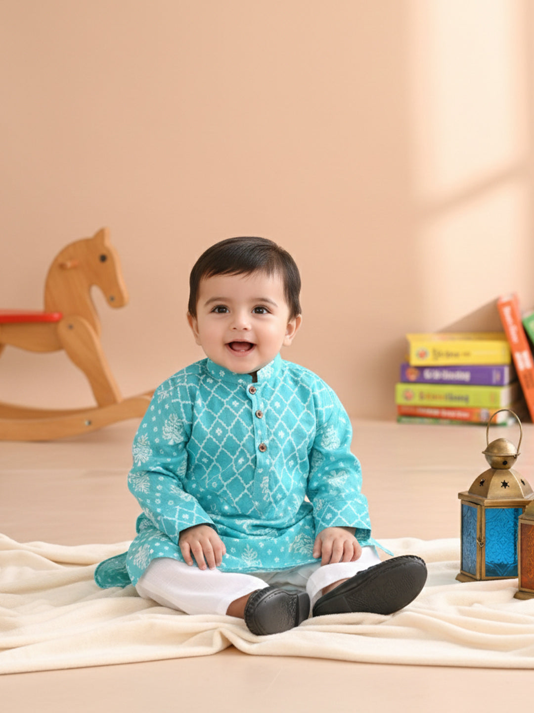 Kinder Kids Boys Printed Pure Cotton Mandarin Collar Kurta & Pyjamas Kurta Set
