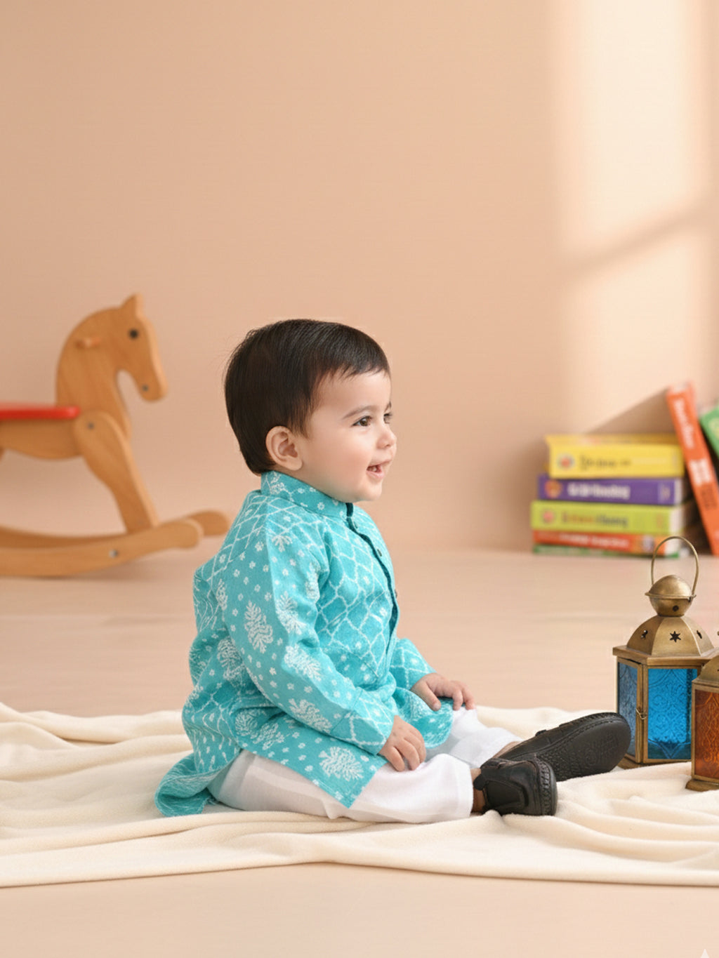Kinder Kids Boys Printed Pure Cotton Mandarin Collar Kurta & Pyjamas Kurta Set