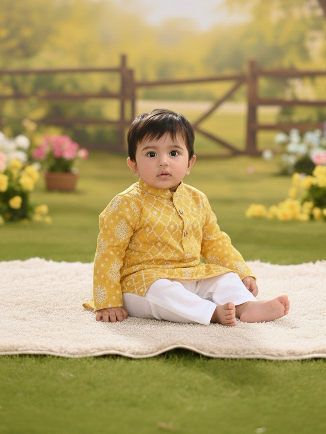 Kinder Kids Boys Printed Pure Cotton Mandarin Collar Kurta & Pyjamas Kurta Set