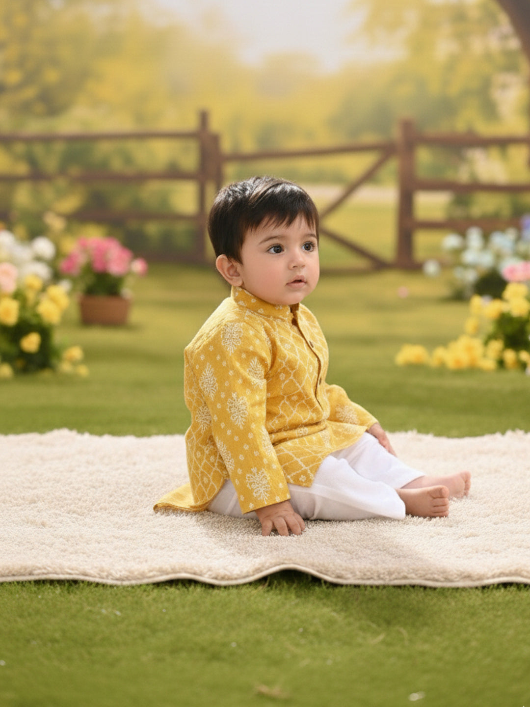 Kinder Kids Boys Printed Pure Cotton Mandarin Collar Kurta & Pyjamas Kurta Set
