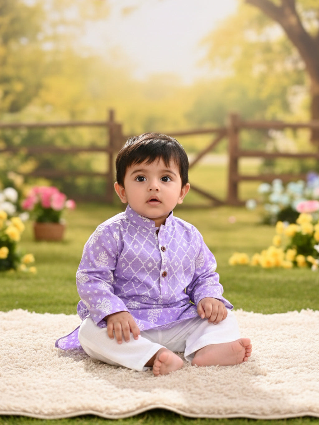 Kinder Kids Boys Printed Pure Cotton Mandarin Collar Kurta & Pyjamas Kurta Set
