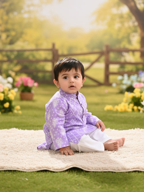 Kinder Kids Boys Printed Pure Cotton Mandarin Collar Kurta & Pyjamas Kurta Set