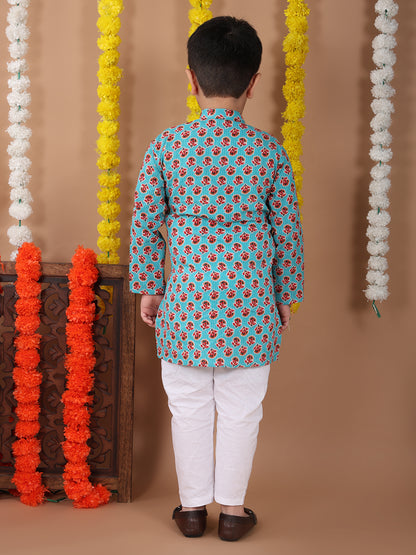 Green Cotton Floral Printed Katha Kurta with pajama