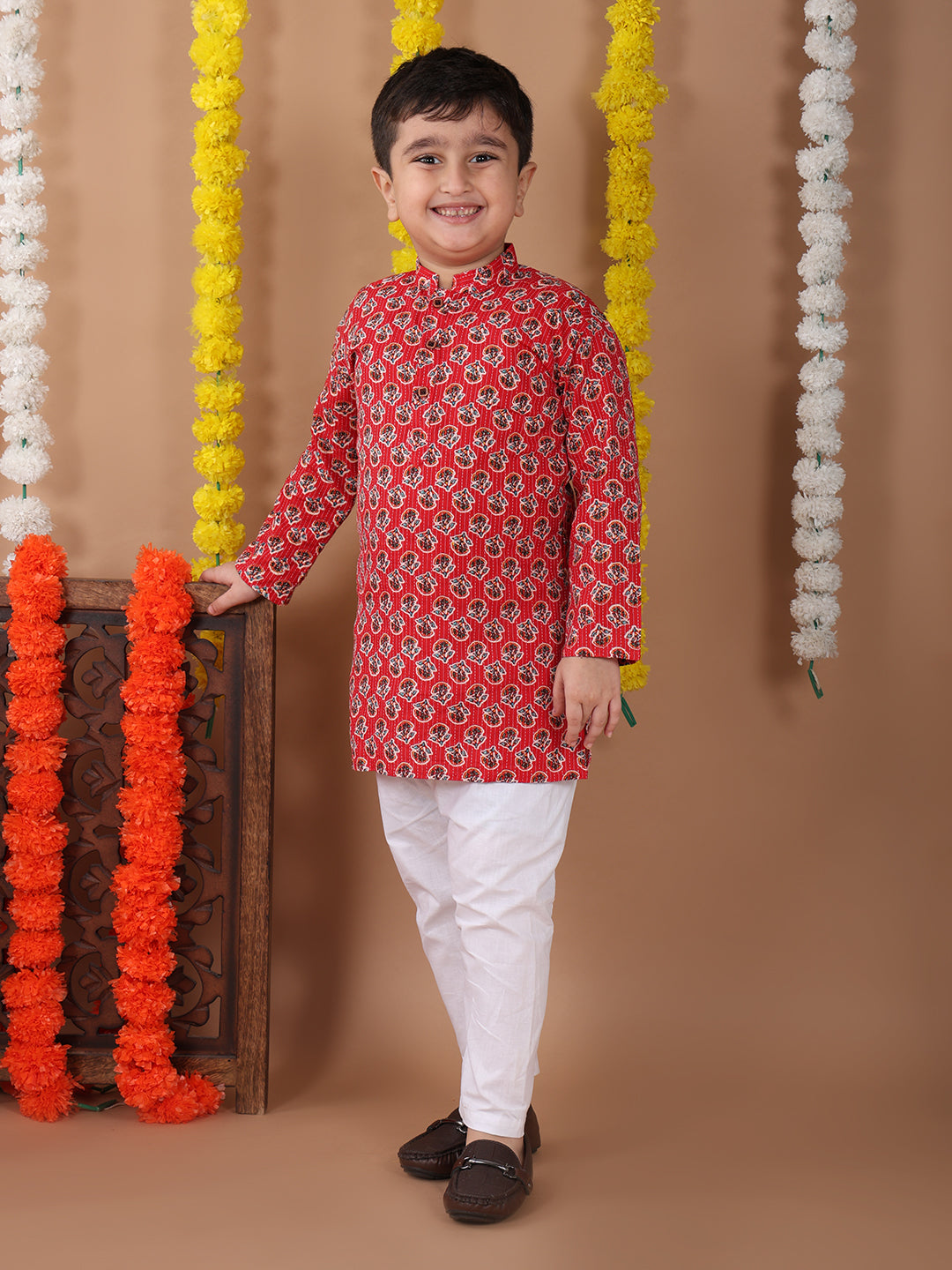 Red Cotton Floral Printed Katha Kurta with pajama