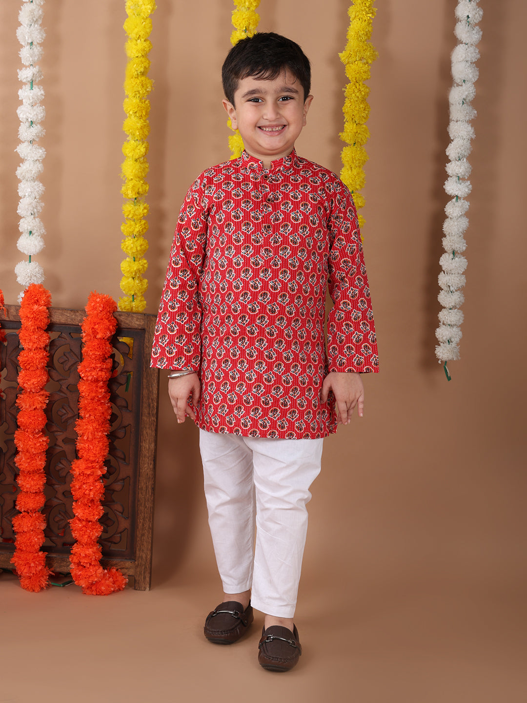 Red Cotton Floral Printed Katha Kurta with pajama