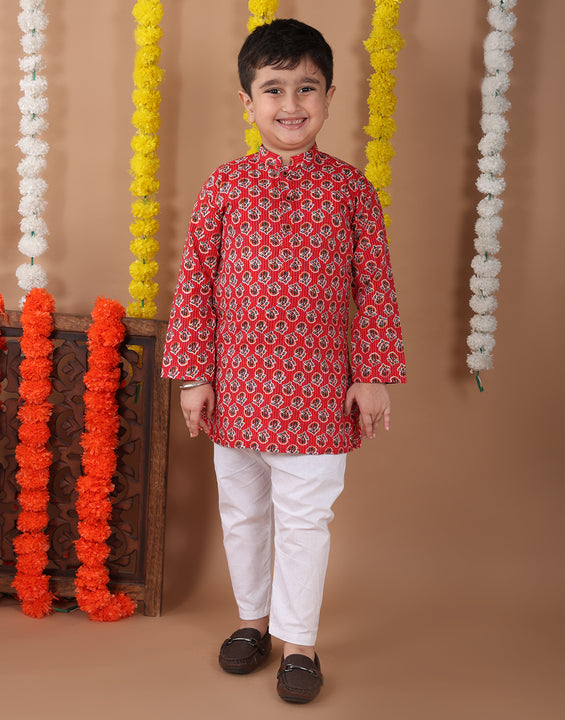 Red Cotton Floral Printed Katha Kurta with pajama