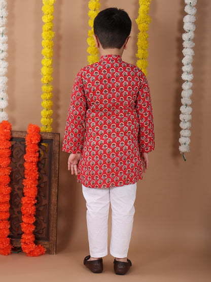 Red Cotton Floral Printed Katha Kurta with pajama