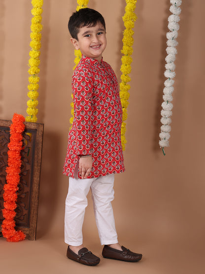 Red Cotton Floral Printed Katha Kurta with pajama