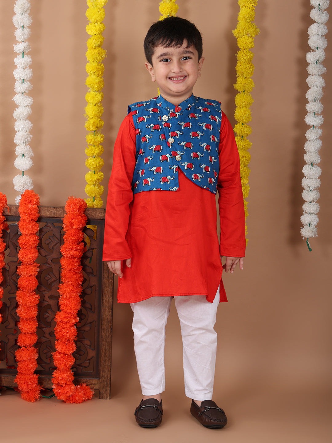 Red Plain Kurta with Blue printed elephant jacket and pajama