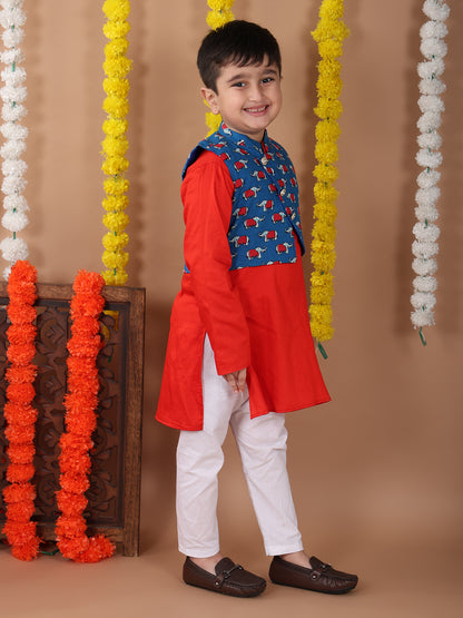 Red Plain Kurta with Blue printed elephant jacket and pajama