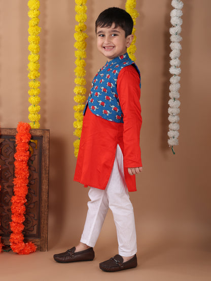 Red Plain Kurta with Blue printed elephant jacket and pajama