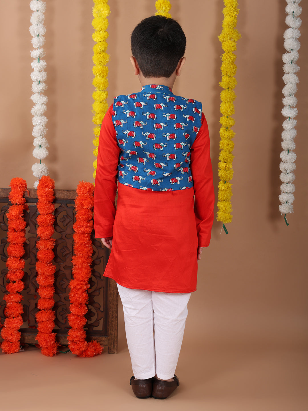 Red Plain Kurta with Blue printed elephant jacket and pajama