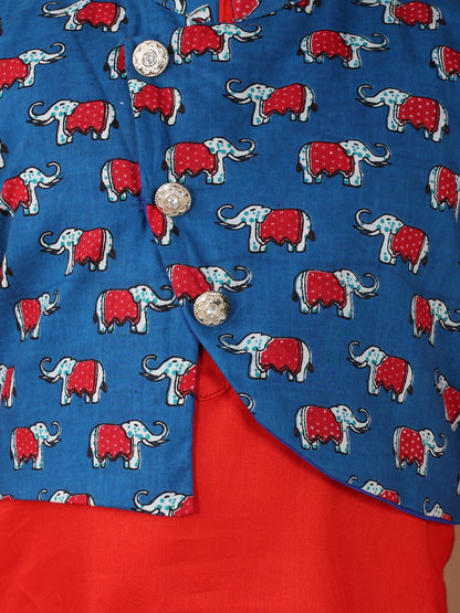 Red Plain Kurta with Blue printed elephant jacket and pajama