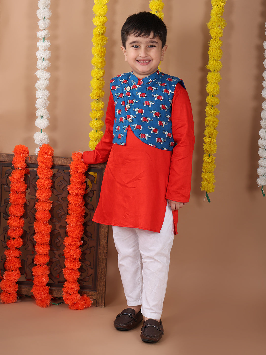 Red Plain Kurta with Blue printed elephant jacket and pajama