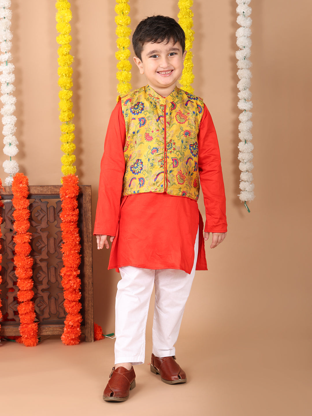 Red Plain Kurta with Yellow floral printed jacket and pajama