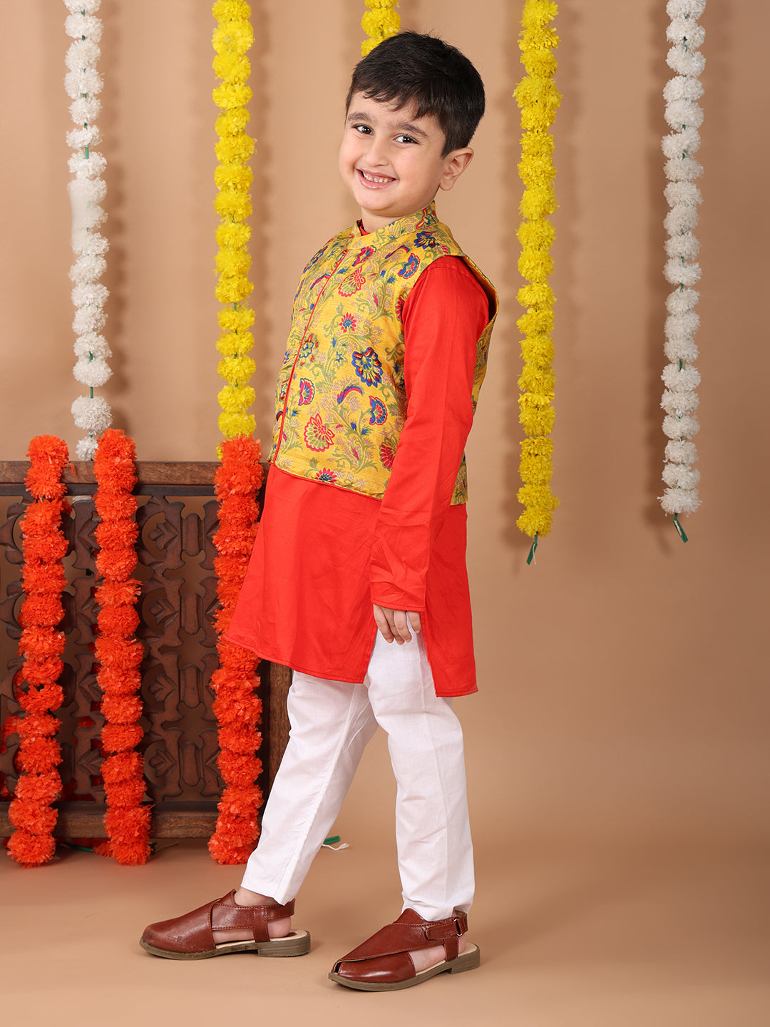 Red Plain Kurta with Yellow floral printed jacket and pajama