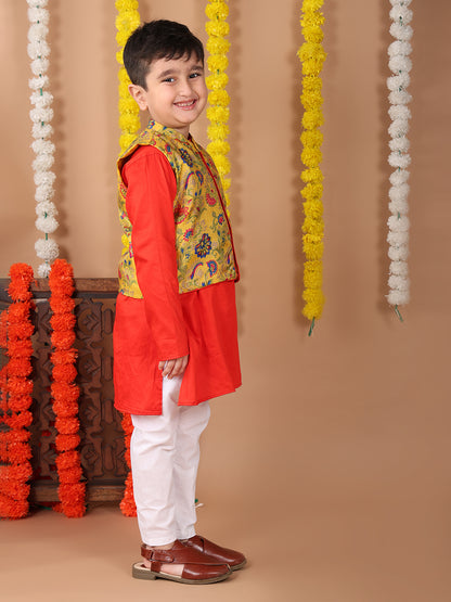 Red Plain Kurta with Yellow floral printed jacket and pajama