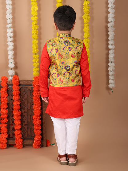 Red Plain Kurta with Yellow floral printed jacket and pajama