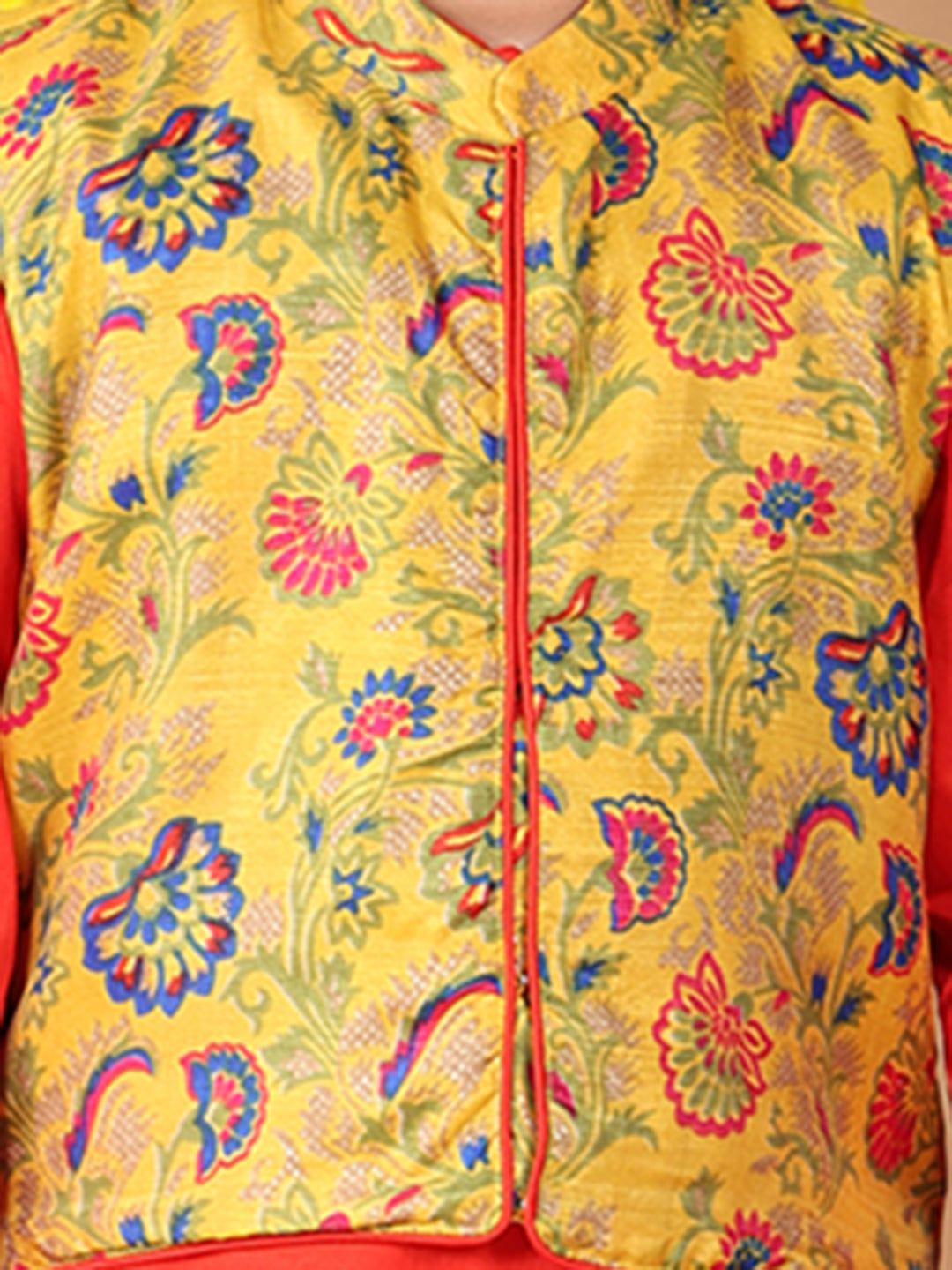 Red Plain Kurta with Yellow floral printed jacket and pajama