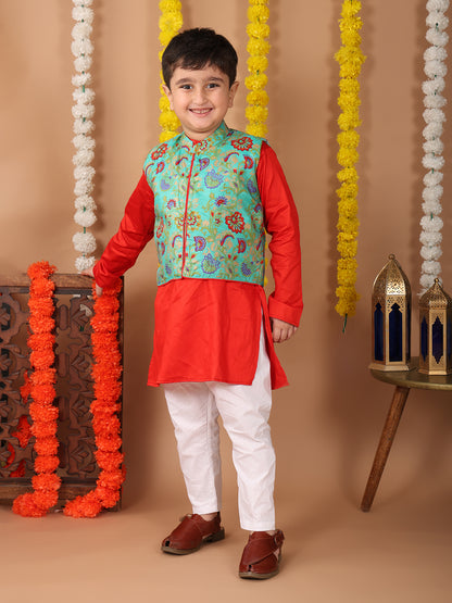 Red Plain Kurta with Green floral printed jacket and pajama