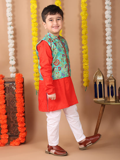 Red Plain Kurta with Green floral printed jacket and pajama