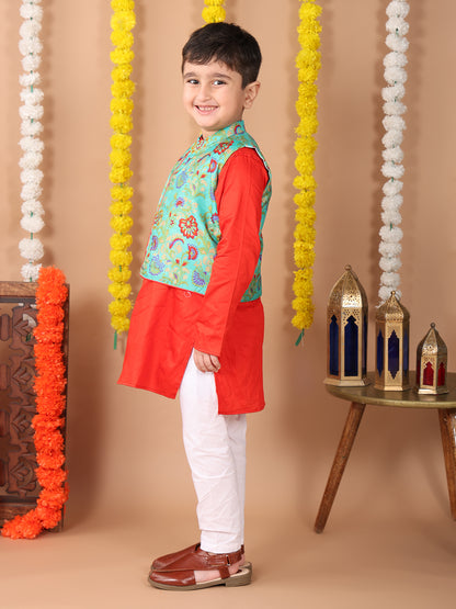 Red Plain Kurta with Green floral printed jacket and pajama