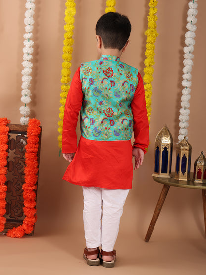 Red Plain Kurta with Green floral printed jacket and pajama