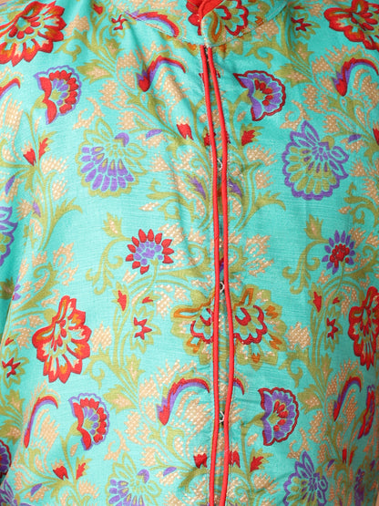 Red Plain Kurta with Green floral printed jacket and pajama