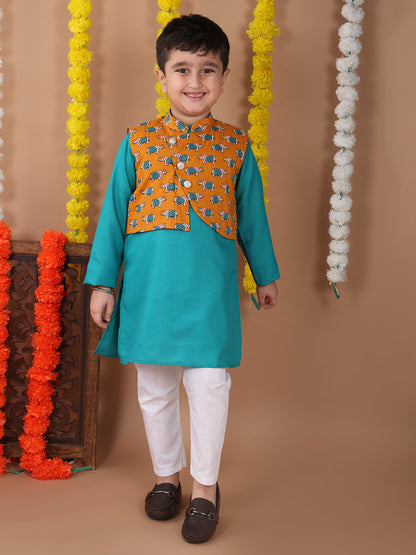 Green Plain Kurta with Yellow printed elephant jacket and pajama