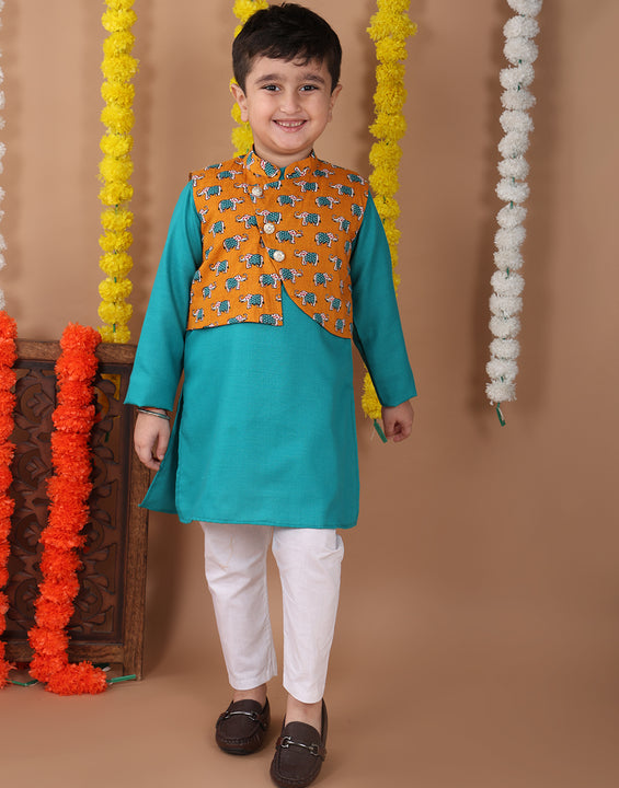 Green Plain Kurta with Yellow printed elephant jacket and pajama