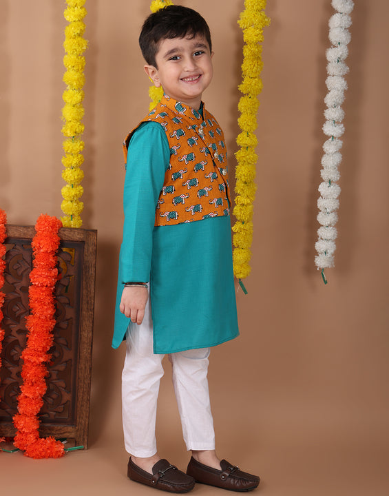 Green Plain Kurta with Yellow printed elephant jacket and pajama