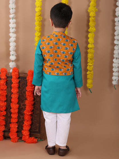 Green Plain Kurta with Yellow printed elephant jacket and pajama