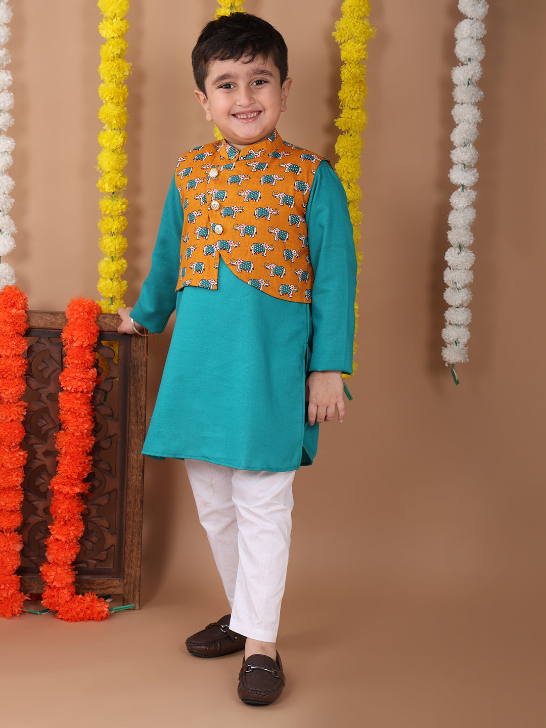 Green Plain Kurta with Yellow printed elephant jacket and pajama