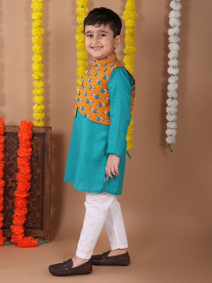 Green Plain Kurta with Yellow printed elephant jacket and pajama