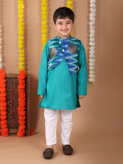 Green Plain Kurta with Blue Foil Kota printed jacket and pajama