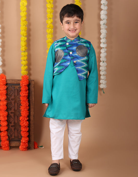 Green Plain Kurta with Blue Foil Kota printed jacket and pajama