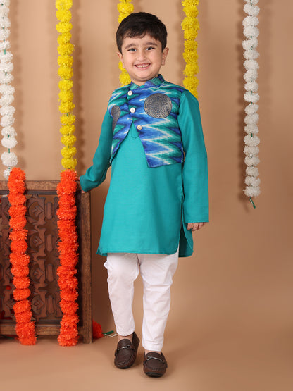 Green Plain Kurta with Blue Foil Kota printed jacket and pajama