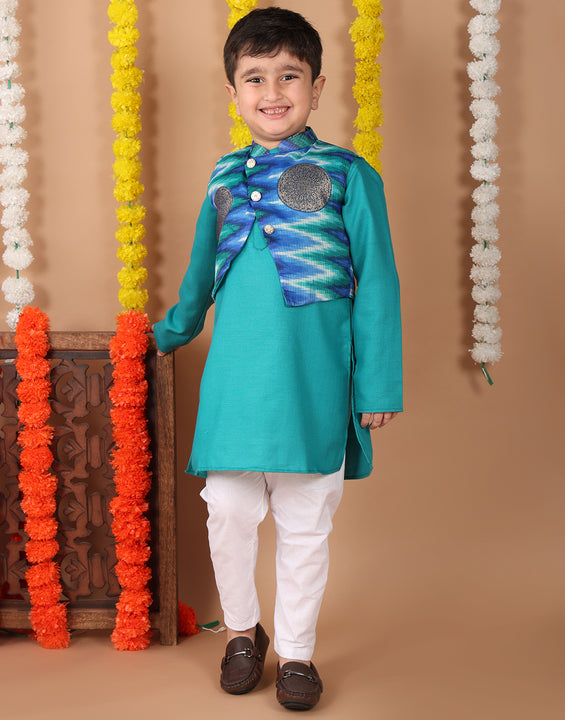 Green Plain Kurta with Blue Foil Kota printed jacket and pajama