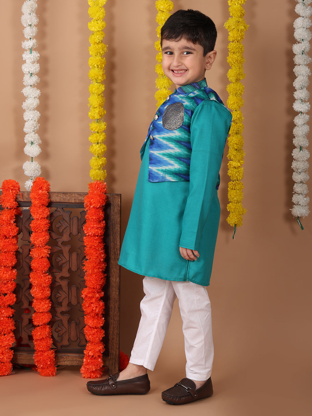 Green Plain Kurta with Blue Foil Kota printed jacket and pajama