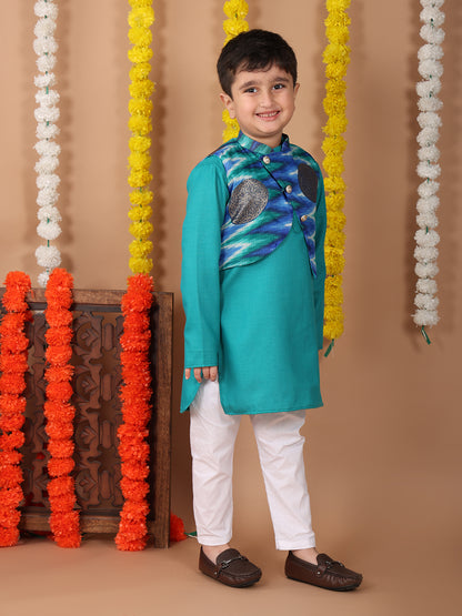 Green Plain Kurta with Blue Foil Kota printed jacket and pajama